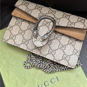 Gucci Beige and Brown Clutch with Silver Chain
